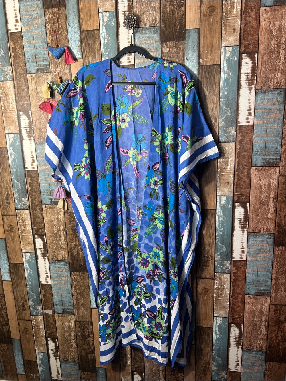 Blue Floral kimono with Striped Trim